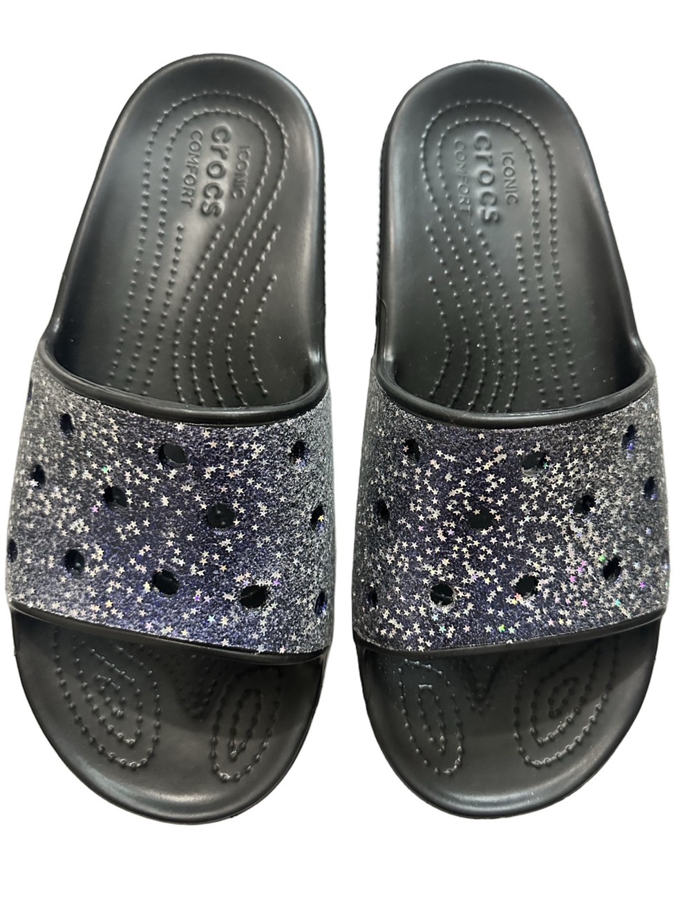 CROCS Classic Starry Glitter Slide Sandals Black Blue Silver Stars Size 11 Men’s